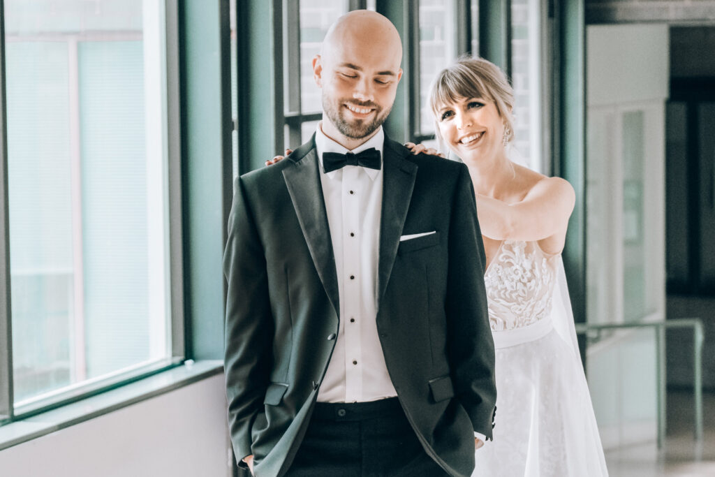 Bride and Groom, first look at Aster Cafe, River Room, St