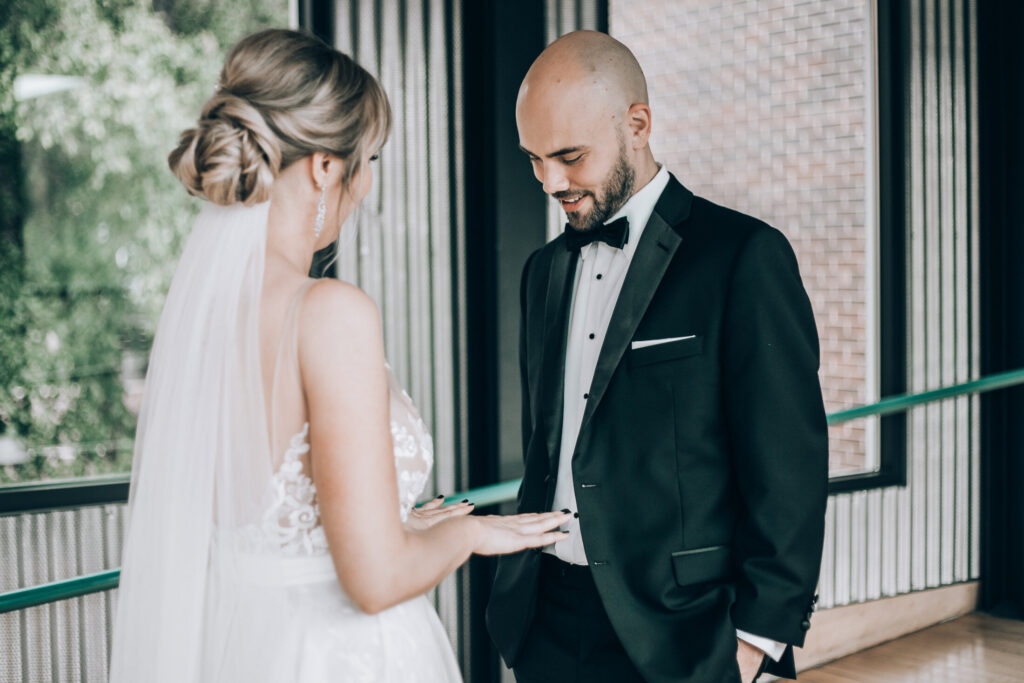 Bride and Groom, first look at Aster Cafe, River Room, St